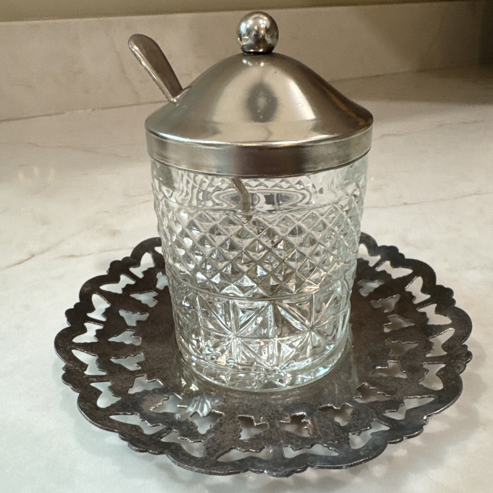 French Glass Jam Pot Preserve Jar Honey Pot With Lid Sheffield England Spoon